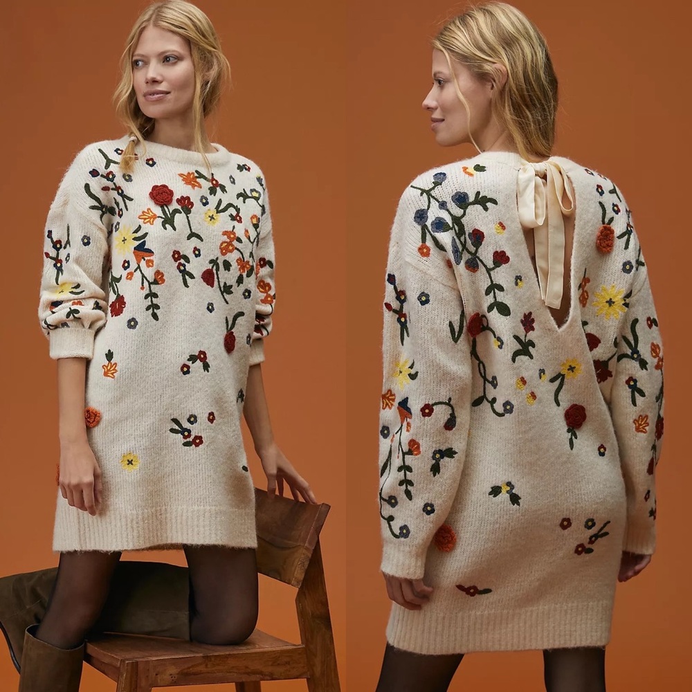 NWT Anthropologie Floral Appliqued Sweater Tunic Dress